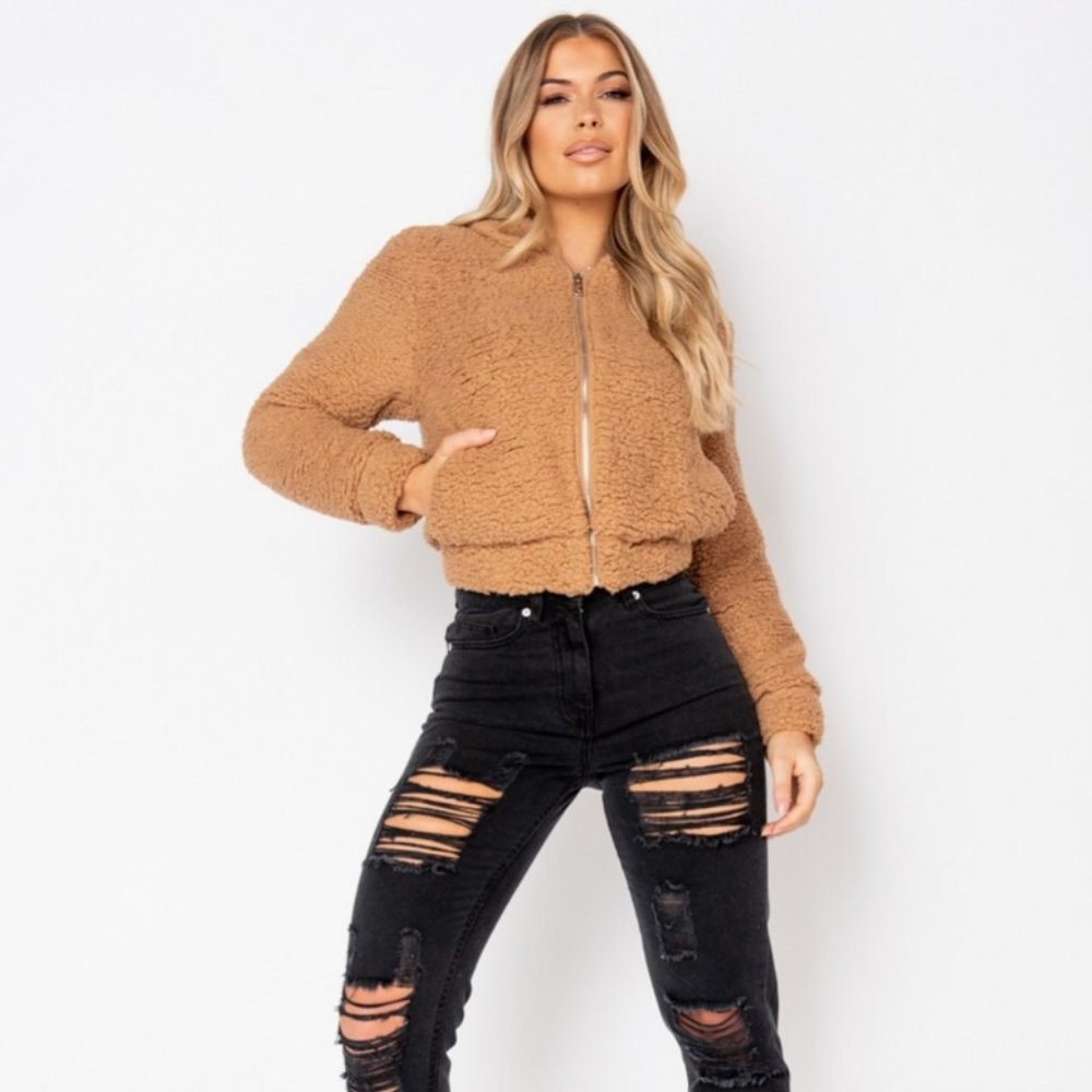 Brown Teddy Bear Fur Long Sleeve Hooded Bomber Jacket - Picture 6 of 9